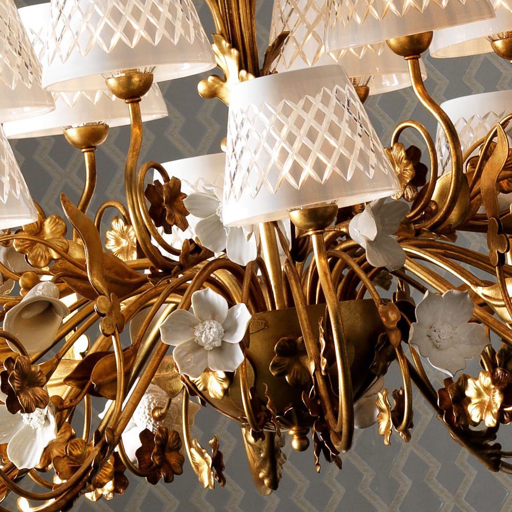 Gold Leaf Italian Chandelier with Porcelain Flower