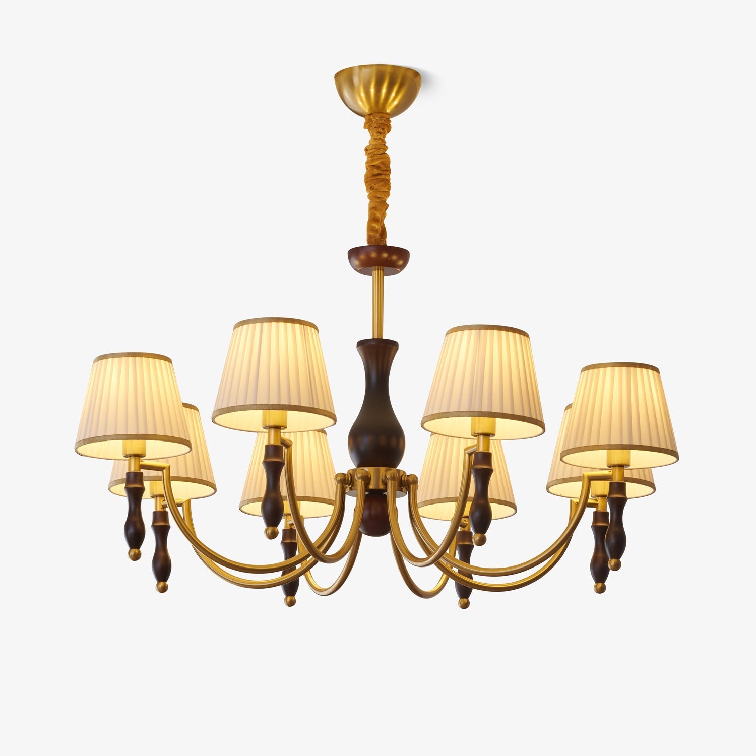 wood chandelier shown as a main product image for open living spaces