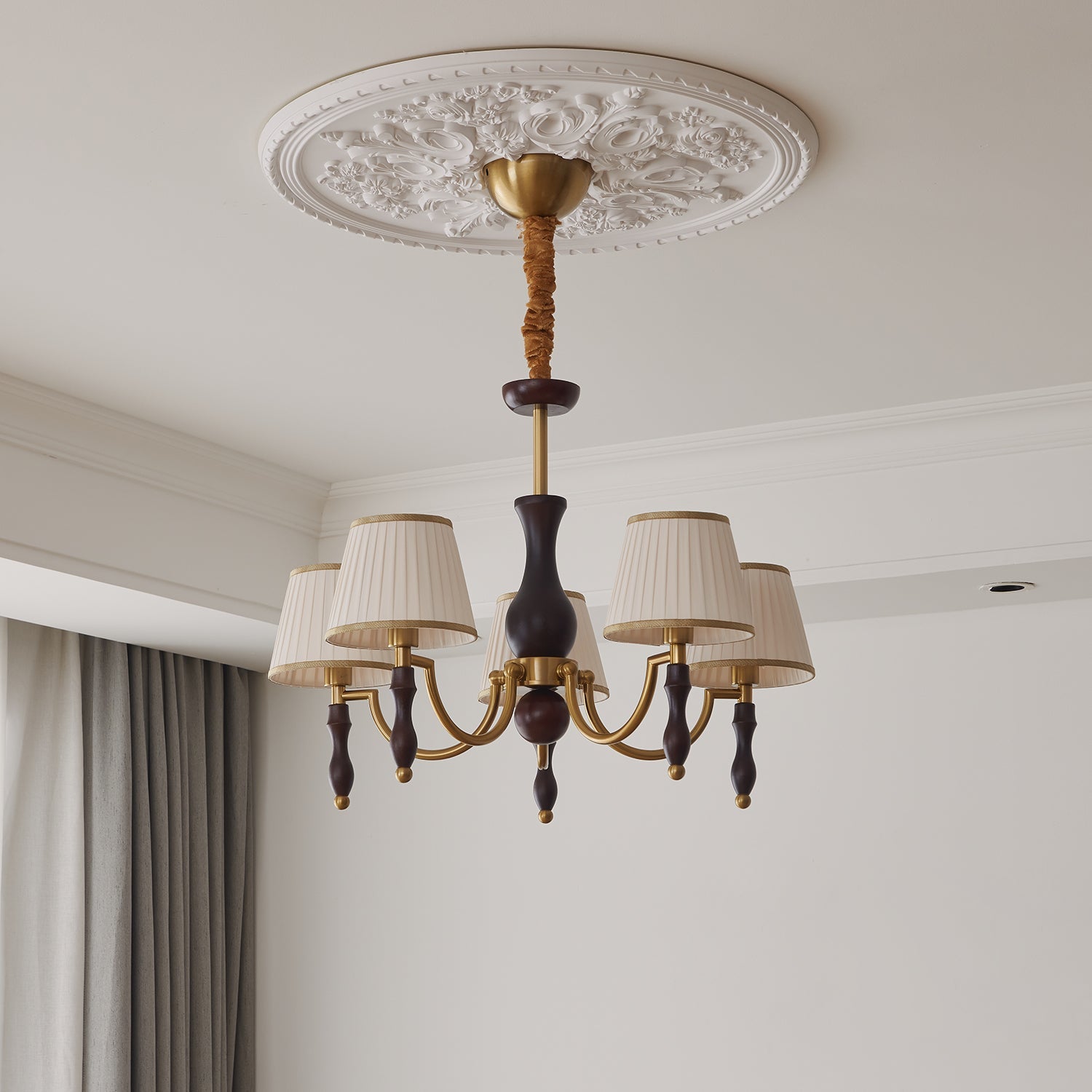 wood chandelier shown as a main product image for open living spaces