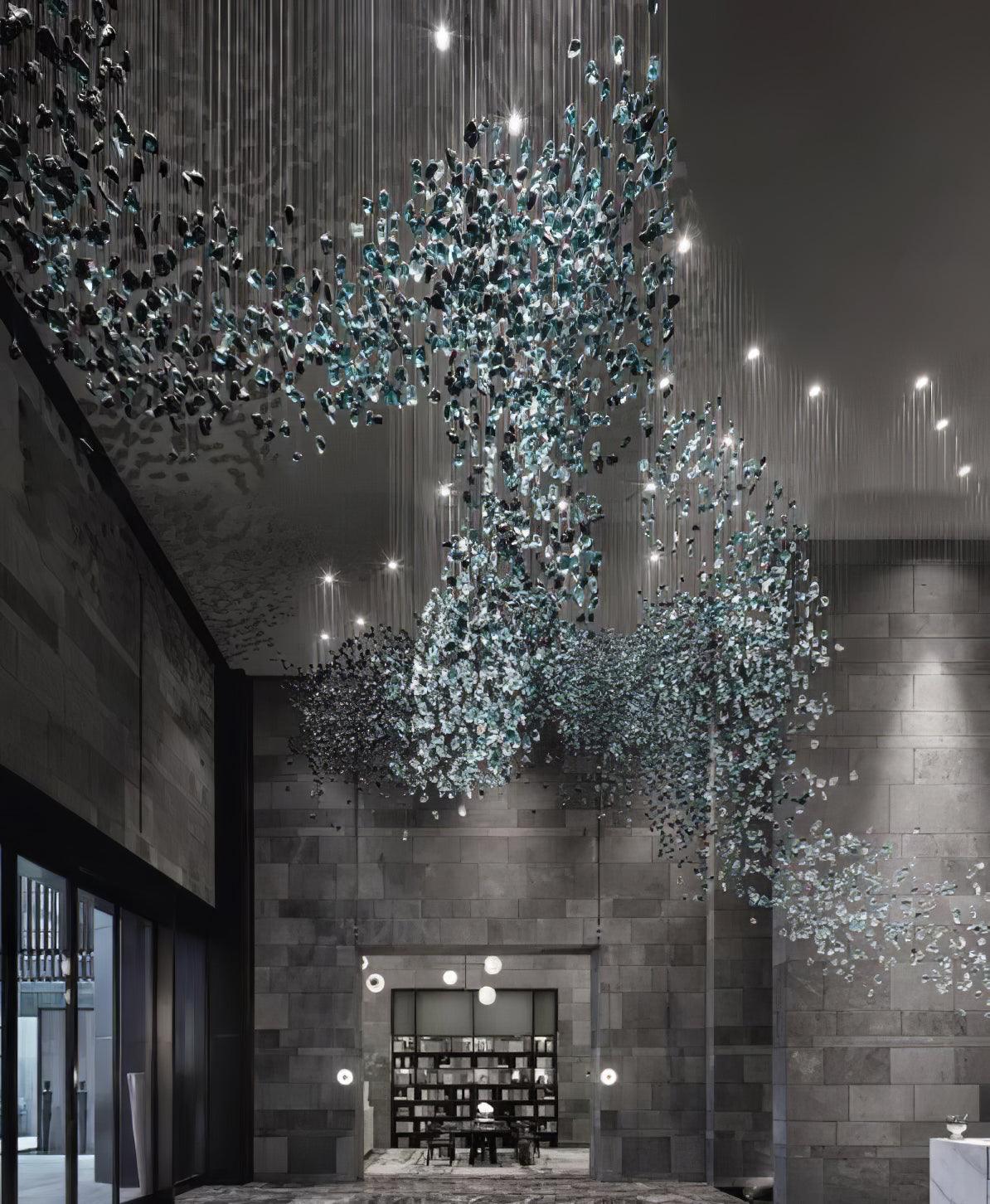 Side view of stone chandelier for scale and shape reference
