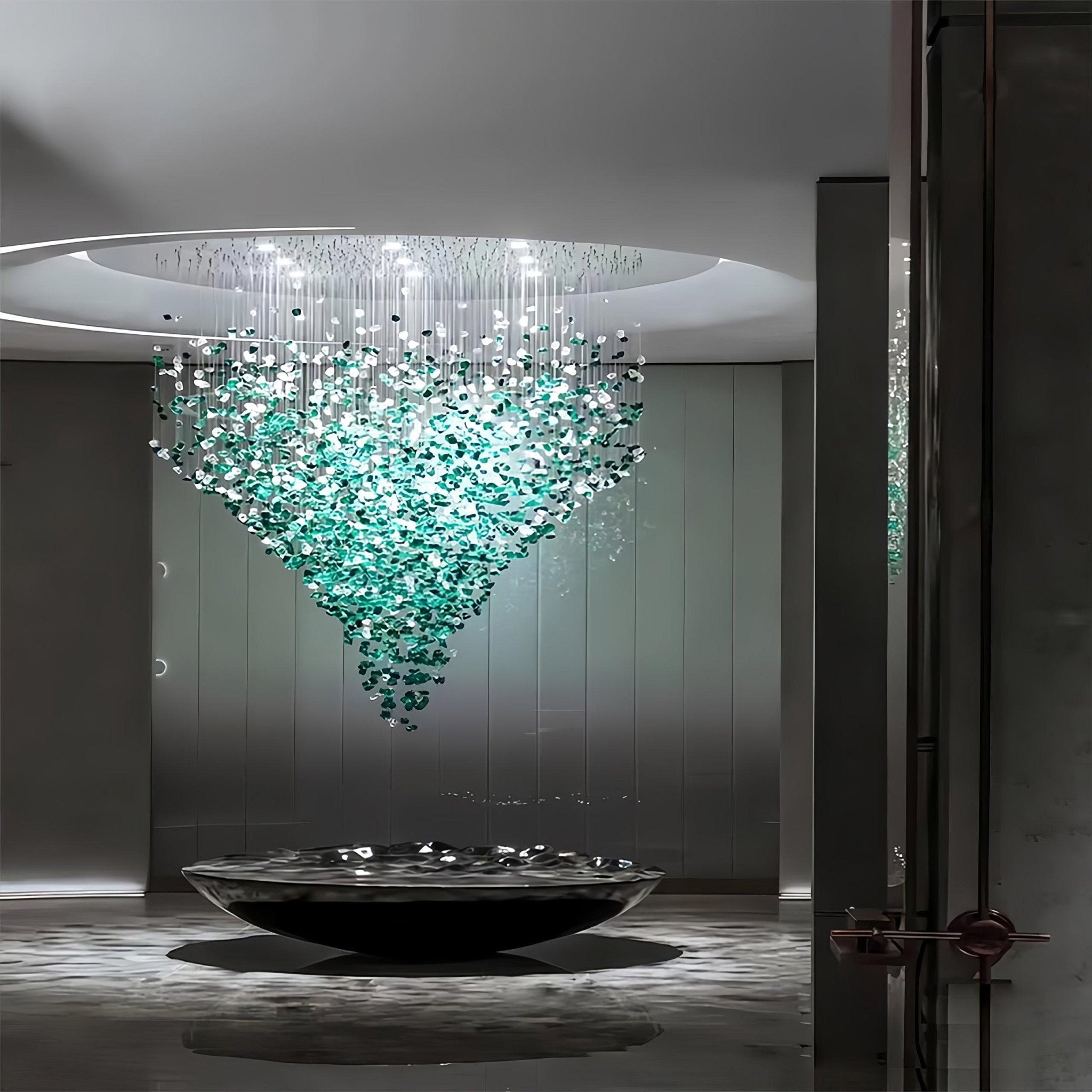 Side view of stone chandelier for scale and shape reference