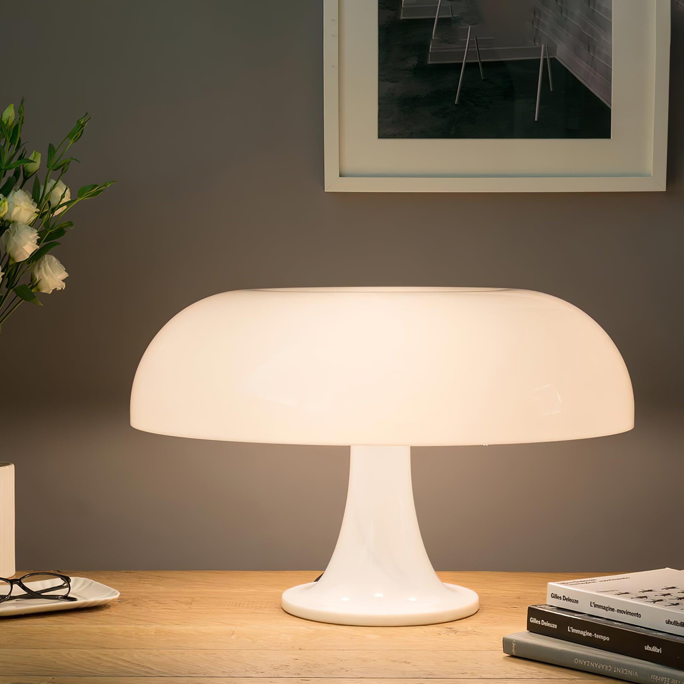 Side view of metal table lamp for scale and shape reference