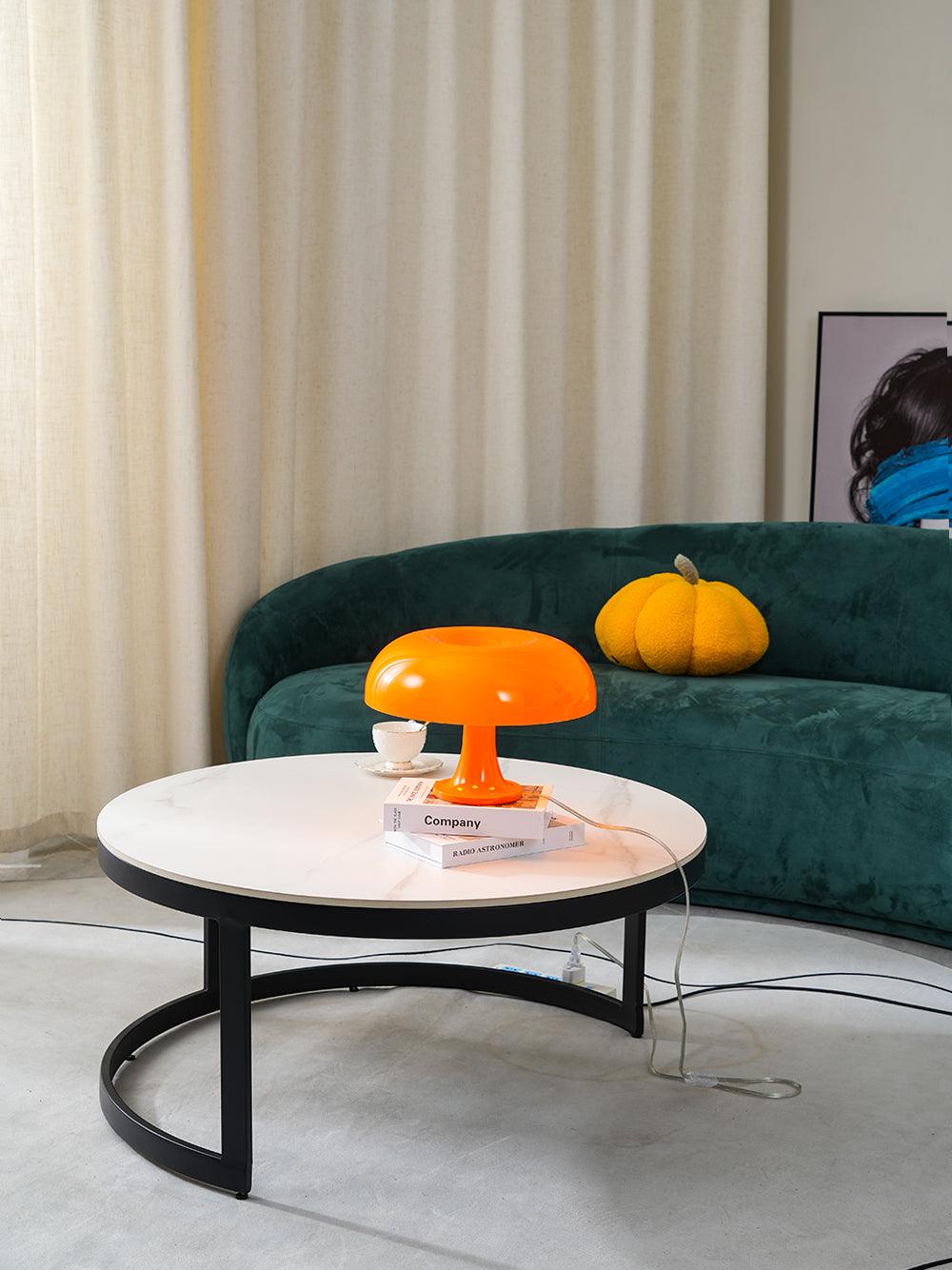 Side view of metal table lamp for scale and shape reference