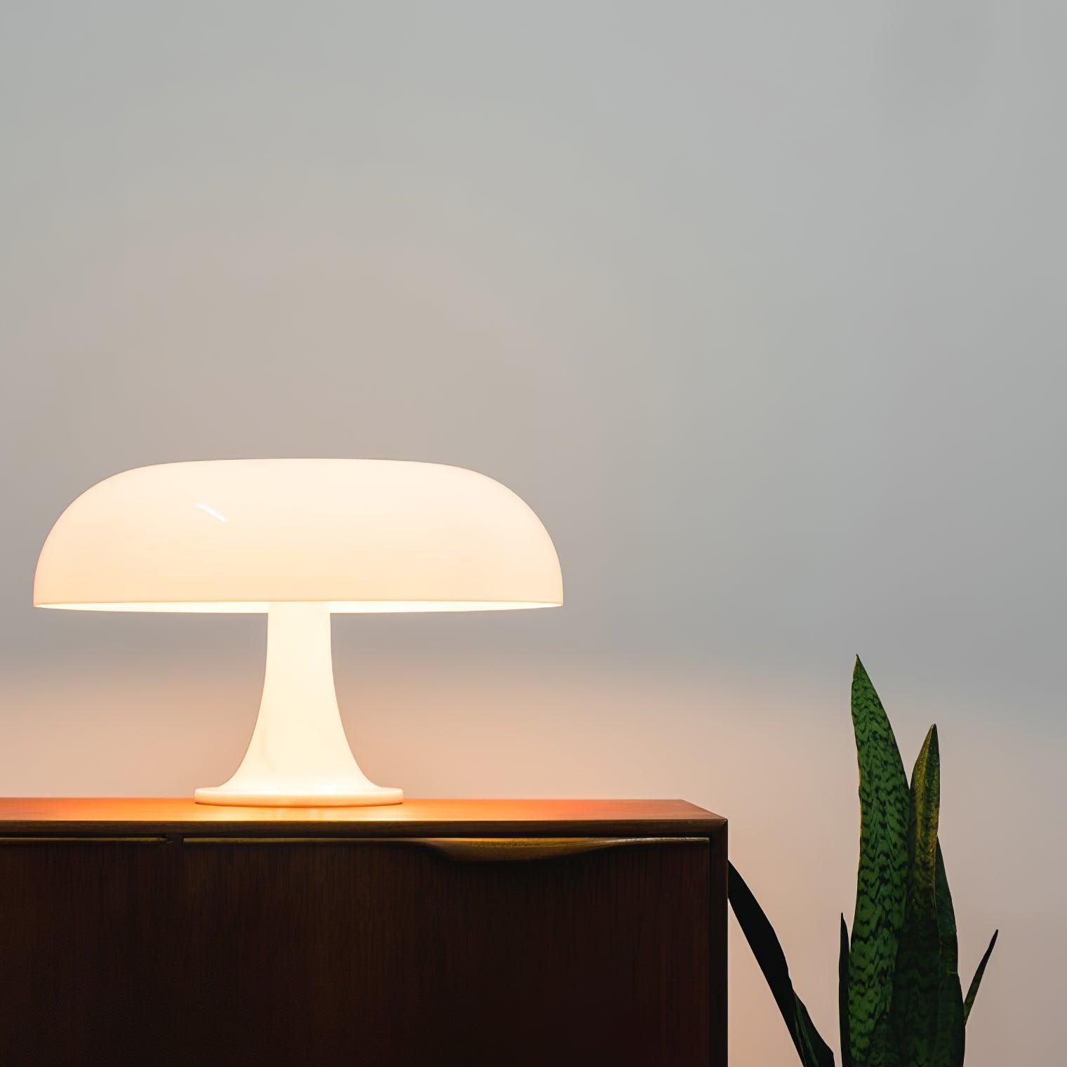 Side view of metal table lamp for scale and shape reference
