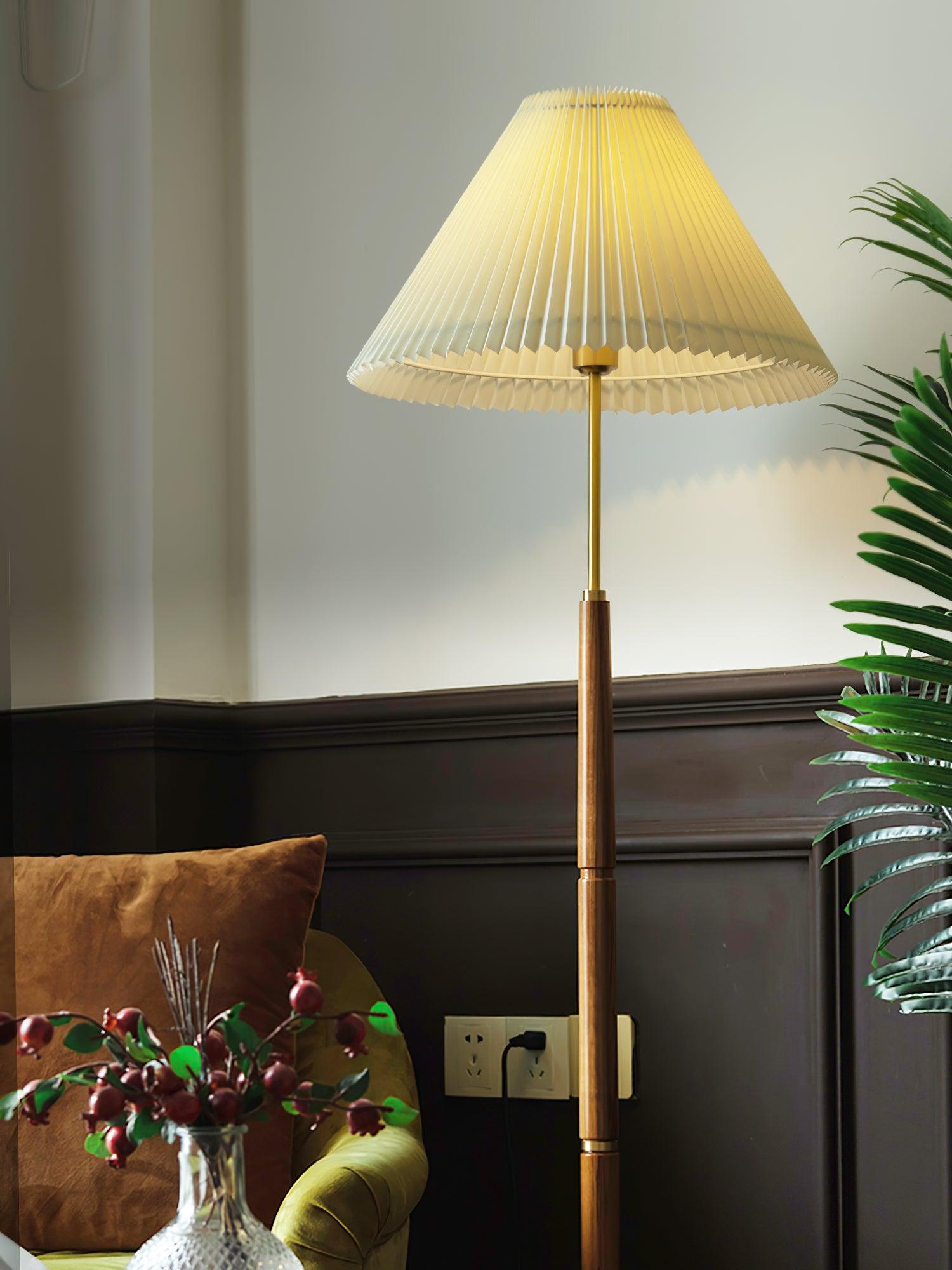 Side view of wood floor lamp for scale and shape reference