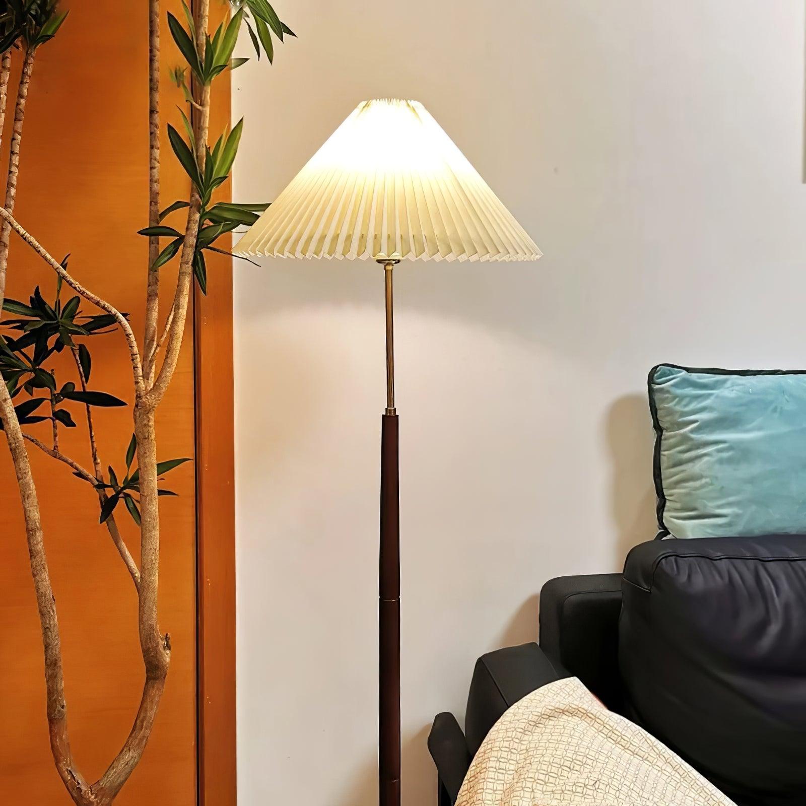 Side view of wood floor lamp for scale and shape reference