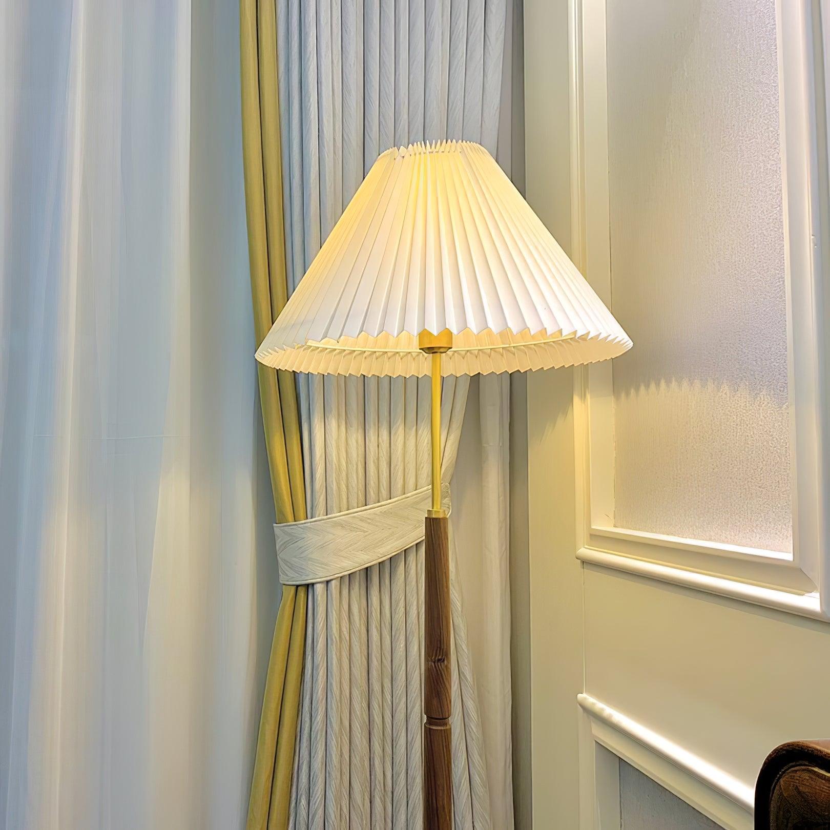 Side view of wood floor lamp for scale and shape reference