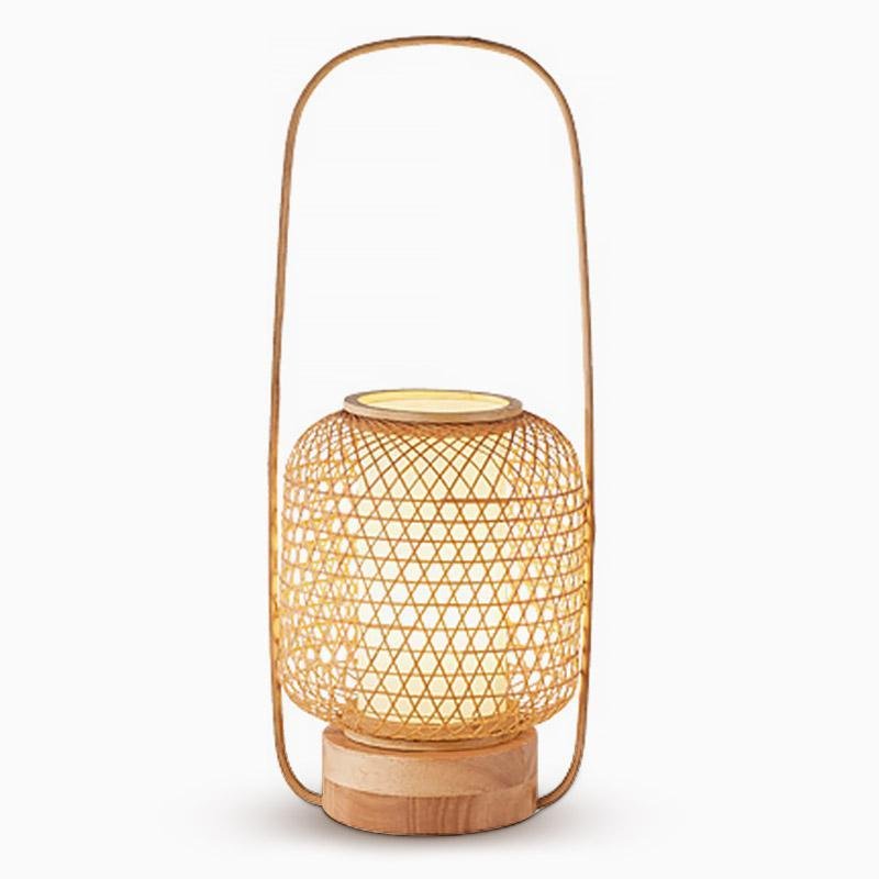 Rustic Woven Bamboo Table Lamp with Cylinder LED Light