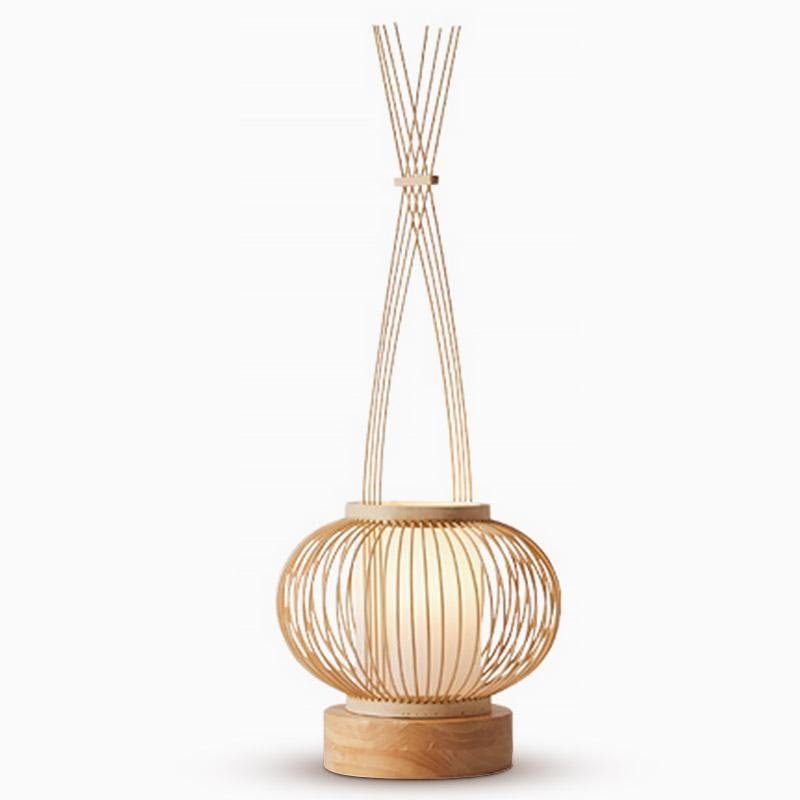 Rustic Woven Bamboo Table Lamp with Cylinder LED Light