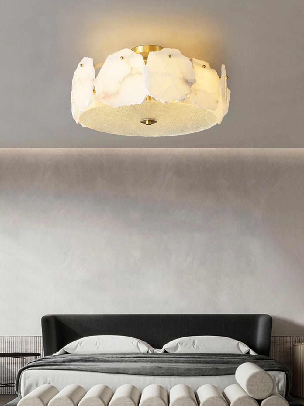 Side view of alabaster ceiling light for scale and shape reference