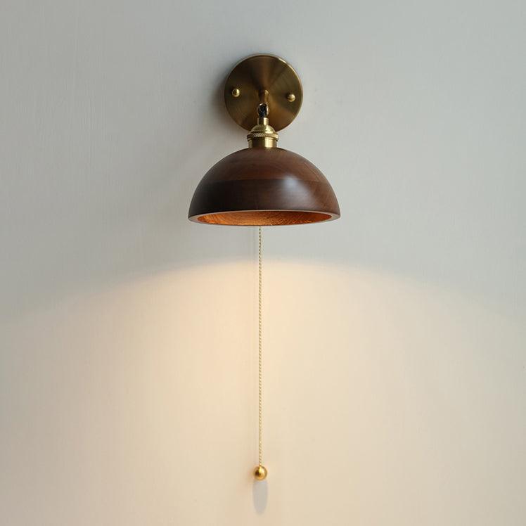 Vintage Wood Wall Light, Hardwired Wall Sconce, Brass, Model A: Dia 16cm x H 14cm