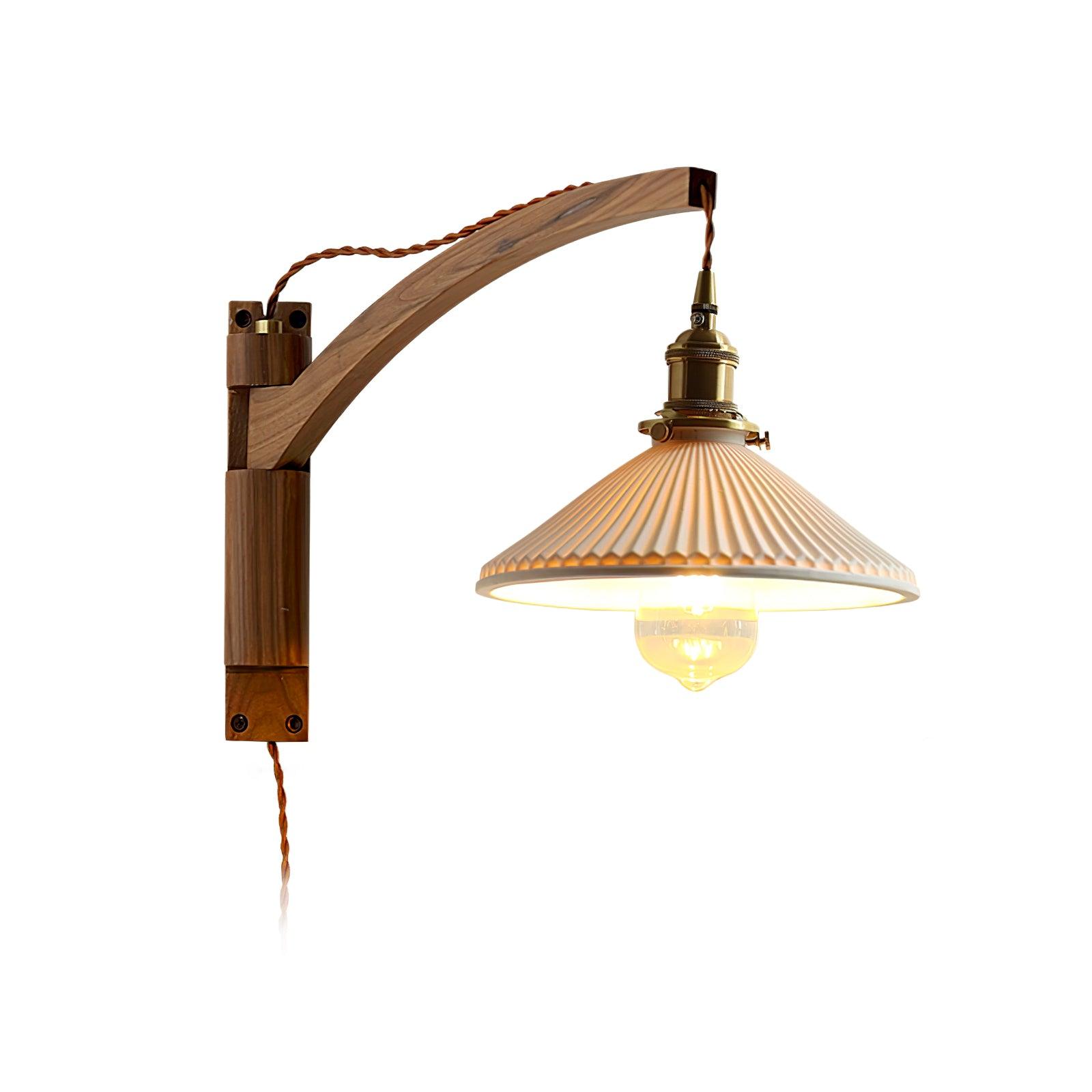 Walnut Pivot Arm Wall Light, Plug-In Wall Sconce, Model A: Dia 22cm x H 9cm