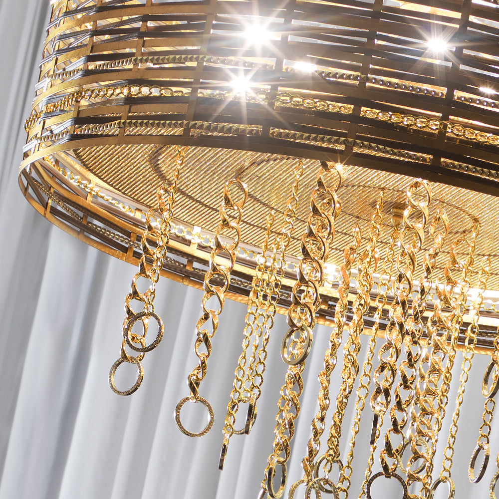 Modern Woven Leather Gold Metal Ceiling Chandelier