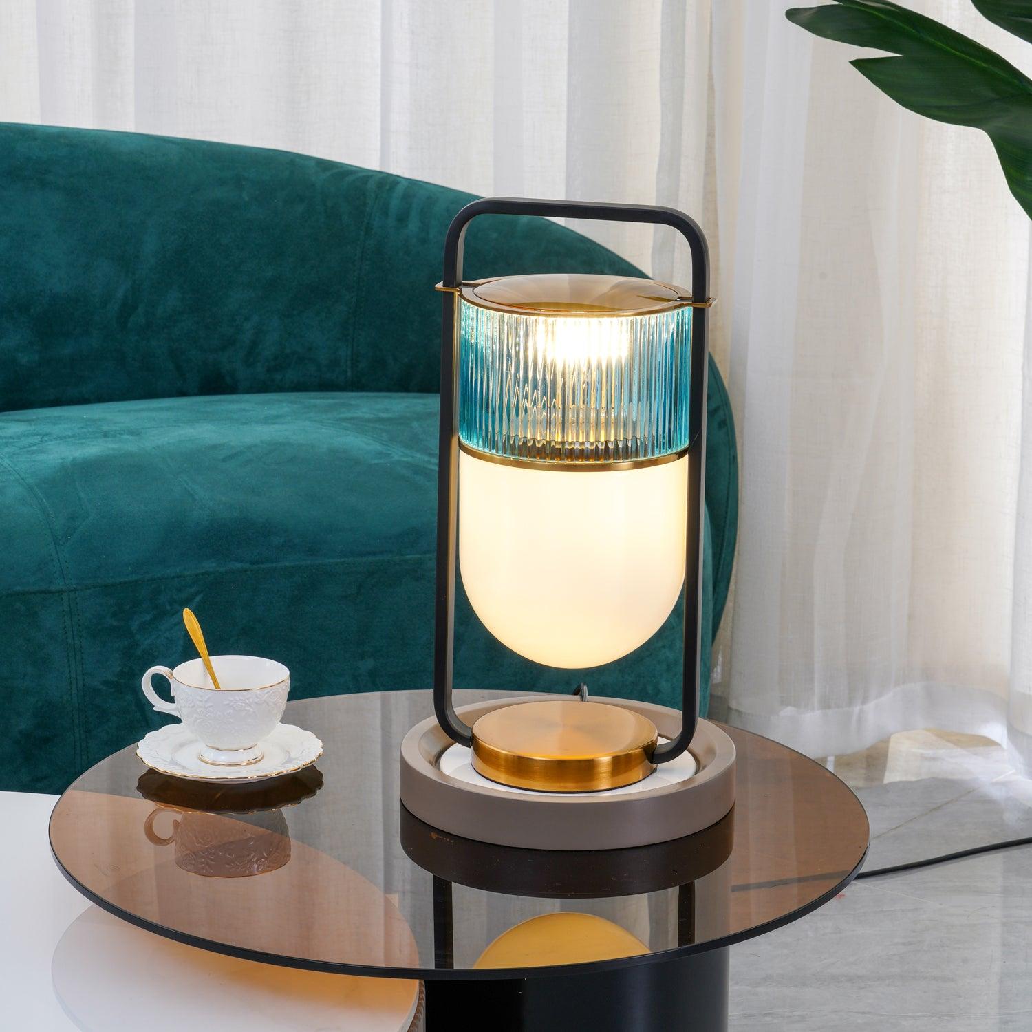 Side view of glass table lamp for scale and shape reference
