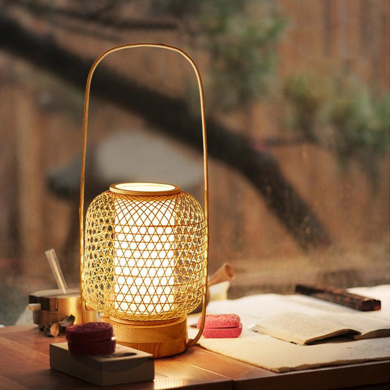 Rustic Woven Bamboo Table Lamp with Cylinder LED Light