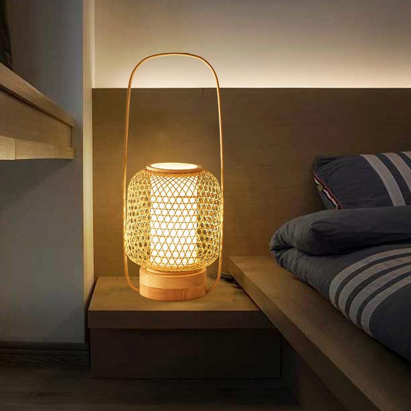 Rustic Woven Bamboo Table Lamp with Cylinder LED Light