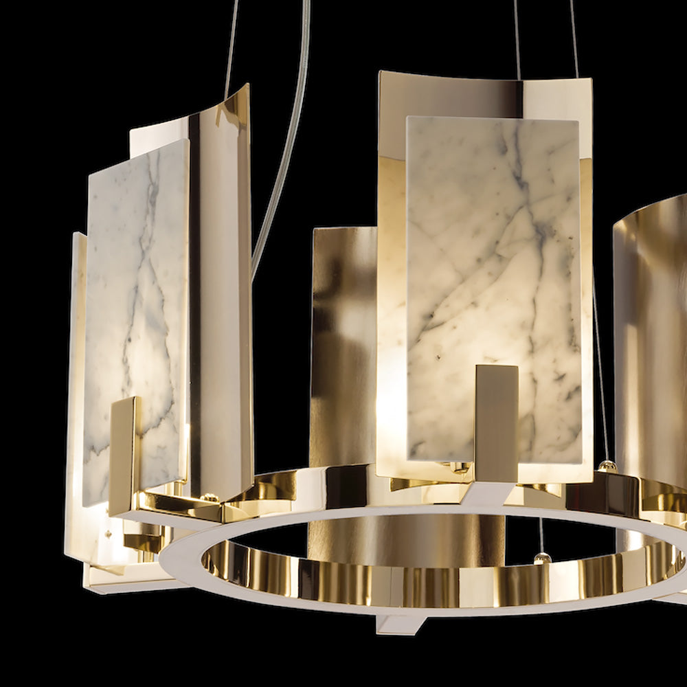 Brass and White Carrara Marble Contemporary Chandelier