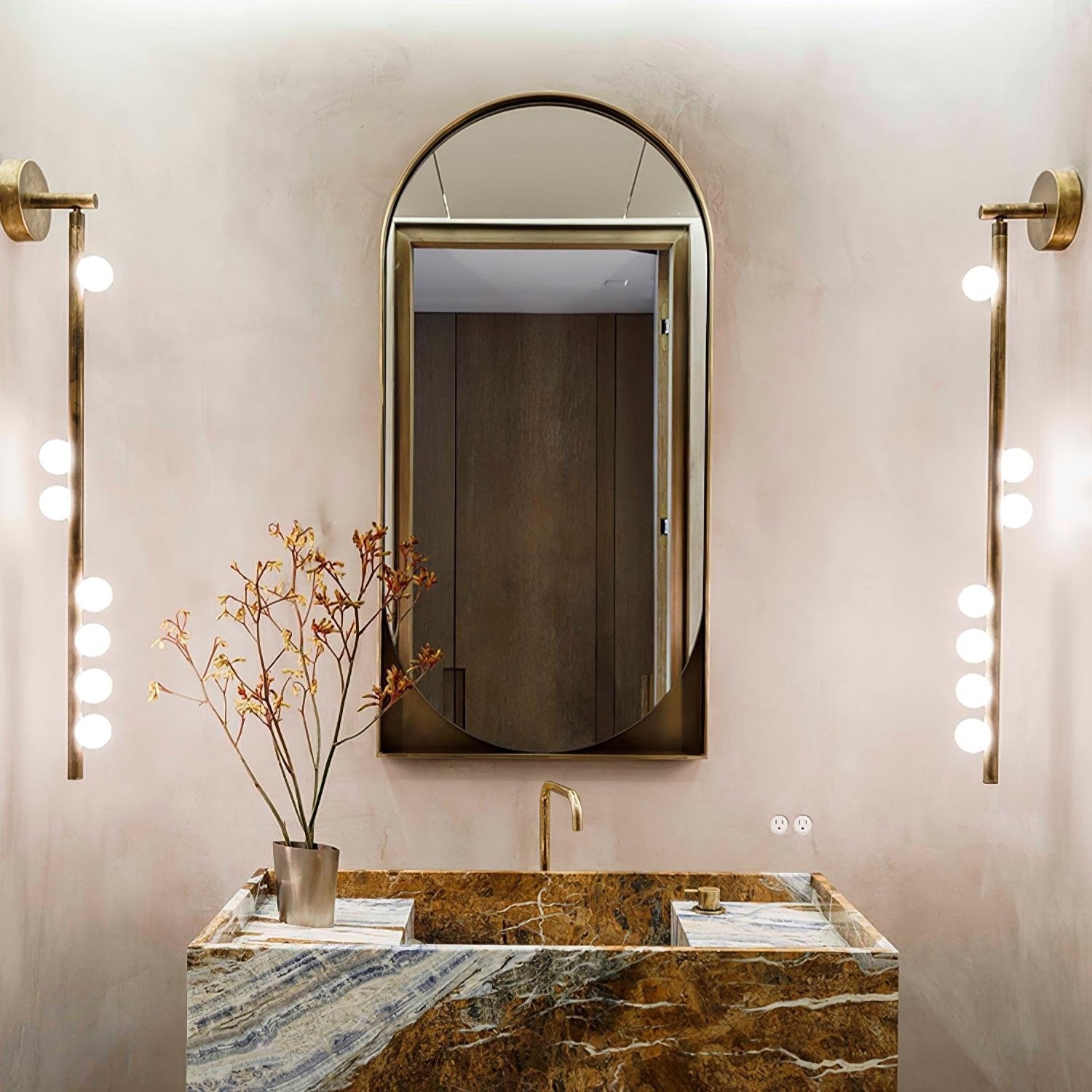 Close-up angle of Brass Halo Tube Wall Light Vanity Light showing form and material detail