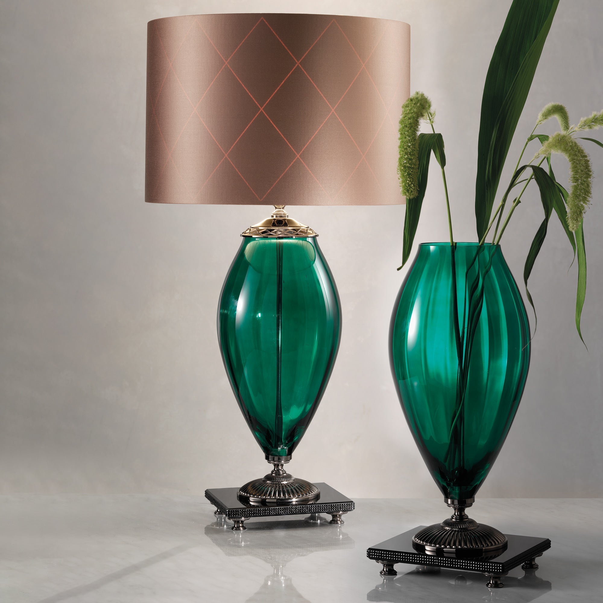 Green Glass Table Lamp and Vase with Rhinestones