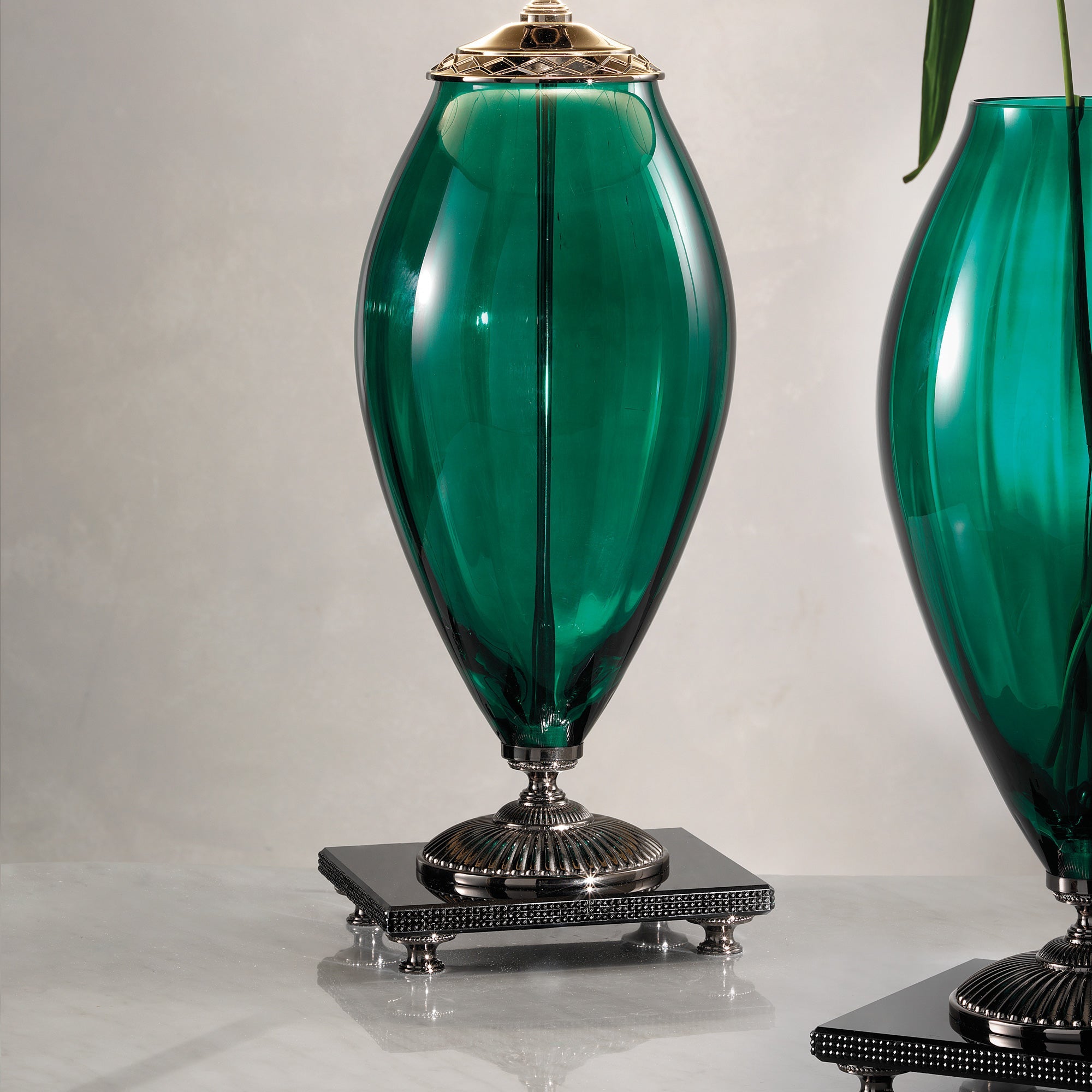 Green Glass Table Lamp and Vase with Rhinestones