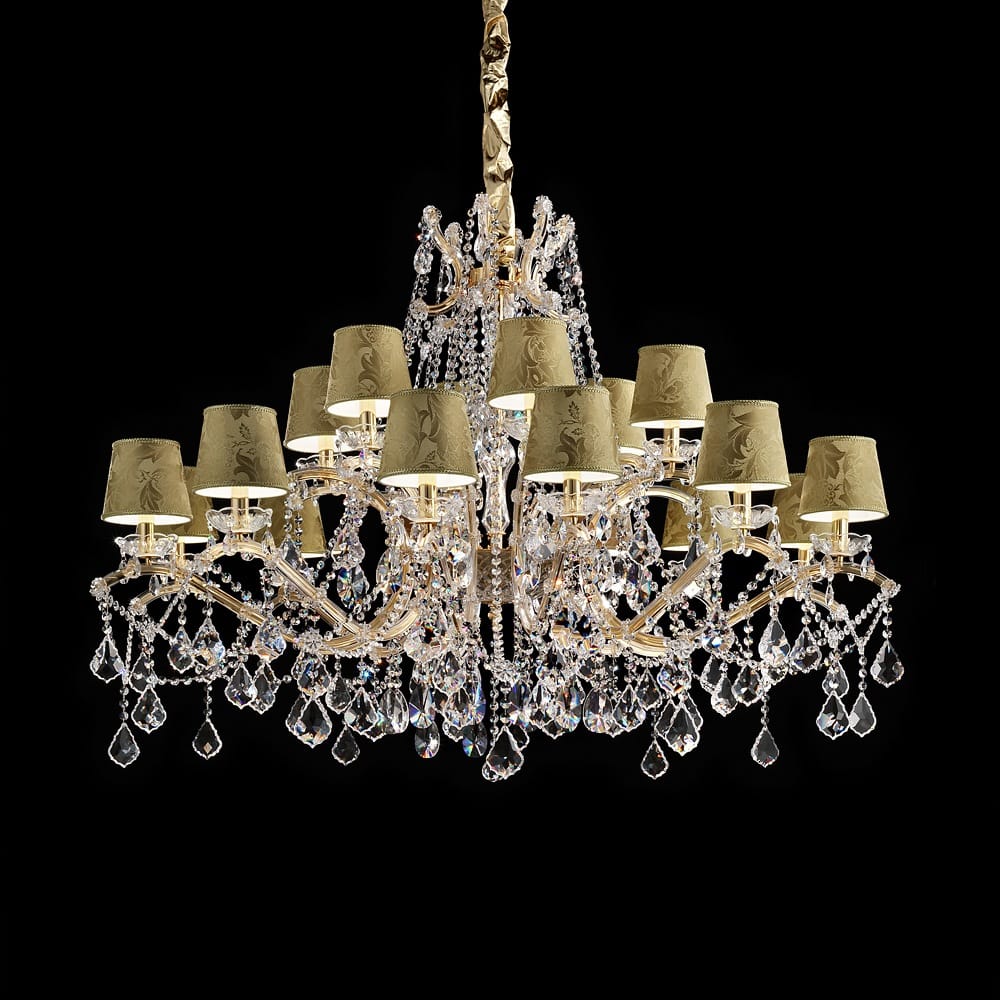 Italian Crystal Chandelier with Gold Damask Shades
