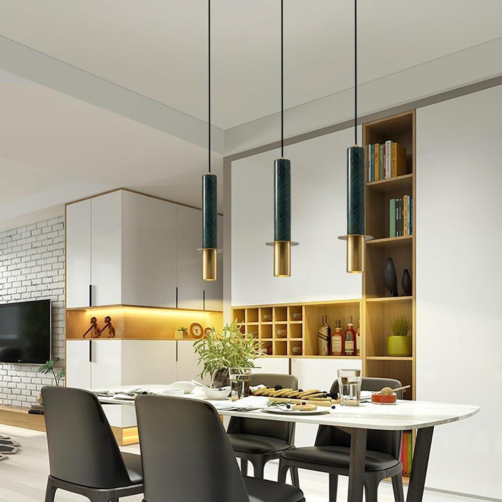 Cylindrical Mid Century Pendant Light Metal Marble LED