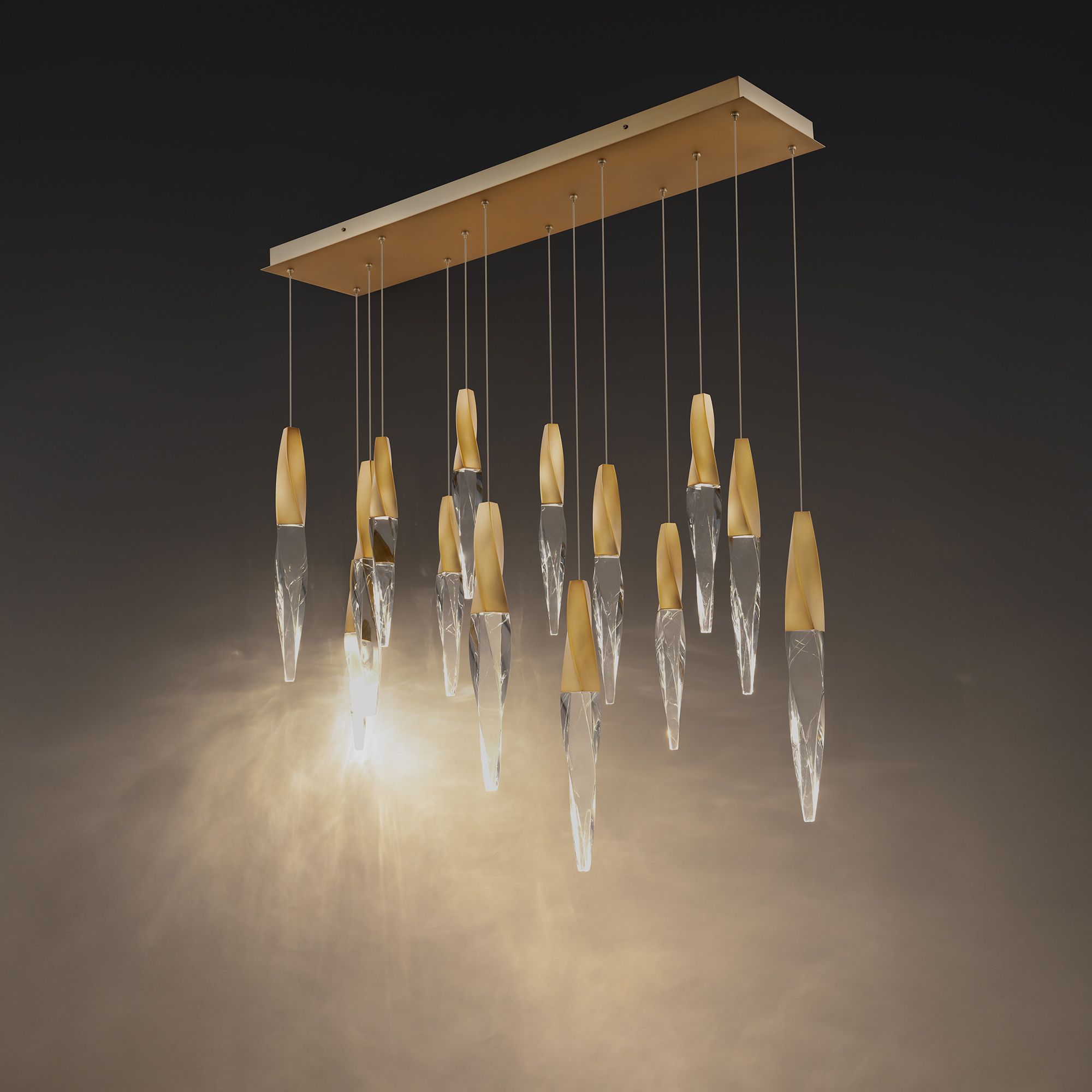 Side view of crystal chandelier for scale and shape reference