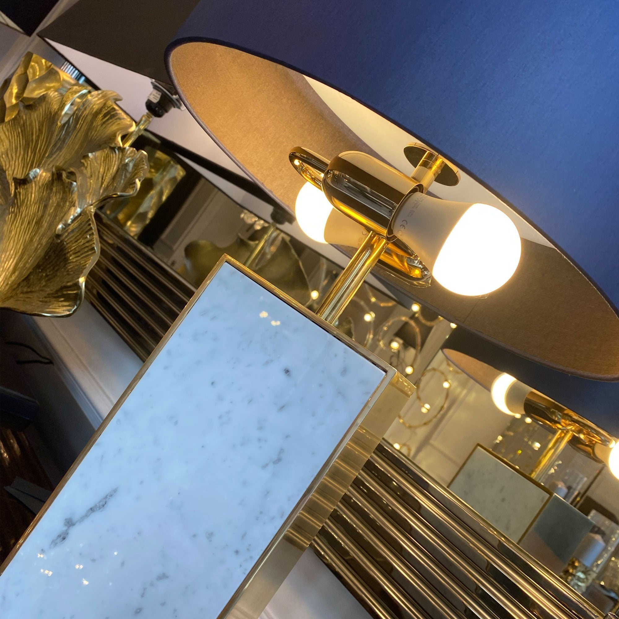 Contemporary Marble Designer Gold Table Light With Blue Shade, Bedside Table Lamp, detail 4