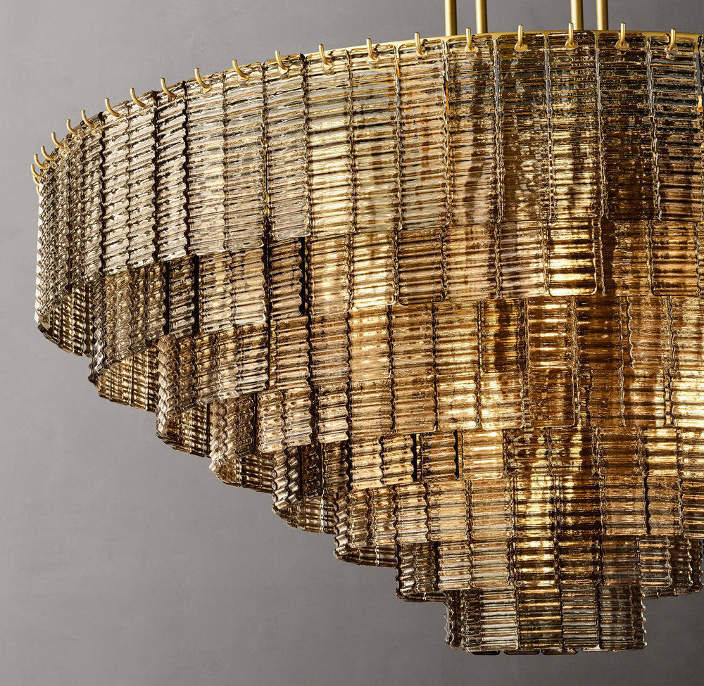 Side view of glass chandelier for scale and shape reference
