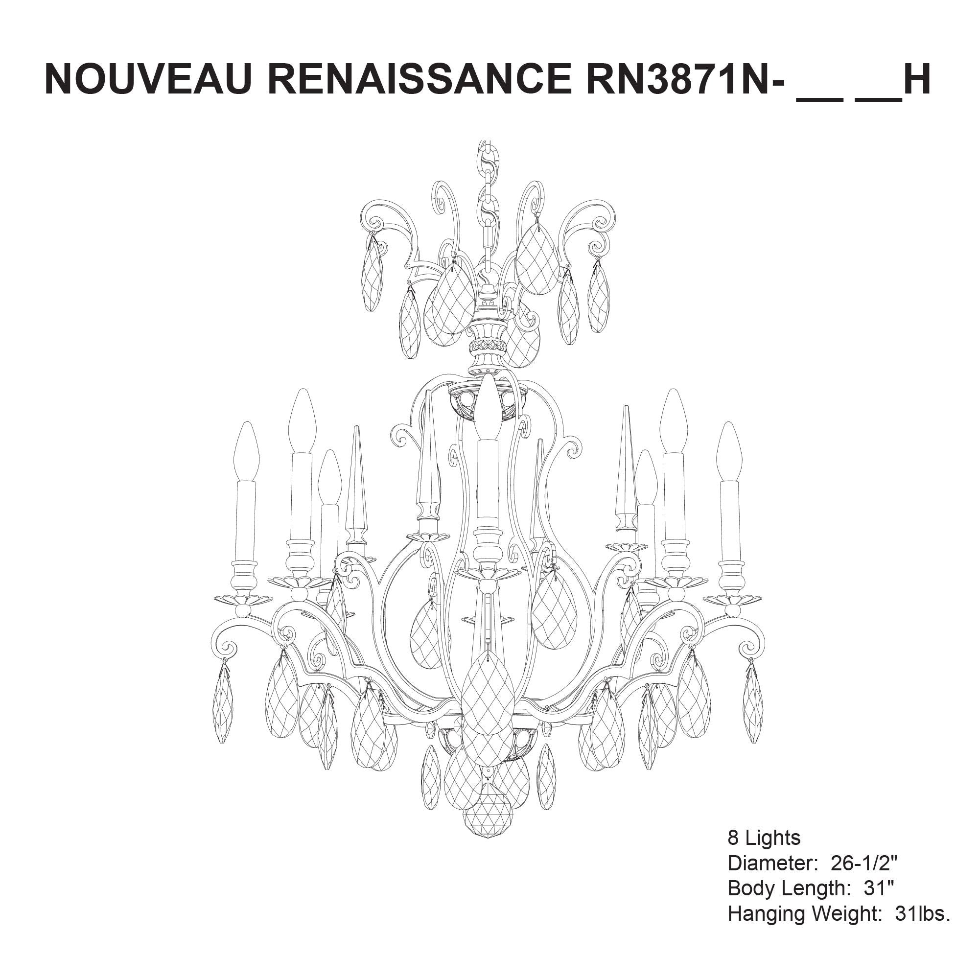Renaissance Nouveau 31"H X 32"W 8-Light Crystal Chandelier