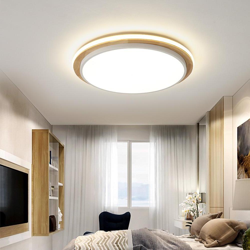 Metal and Wood Round LED Flush Mount Ceiling Light Room