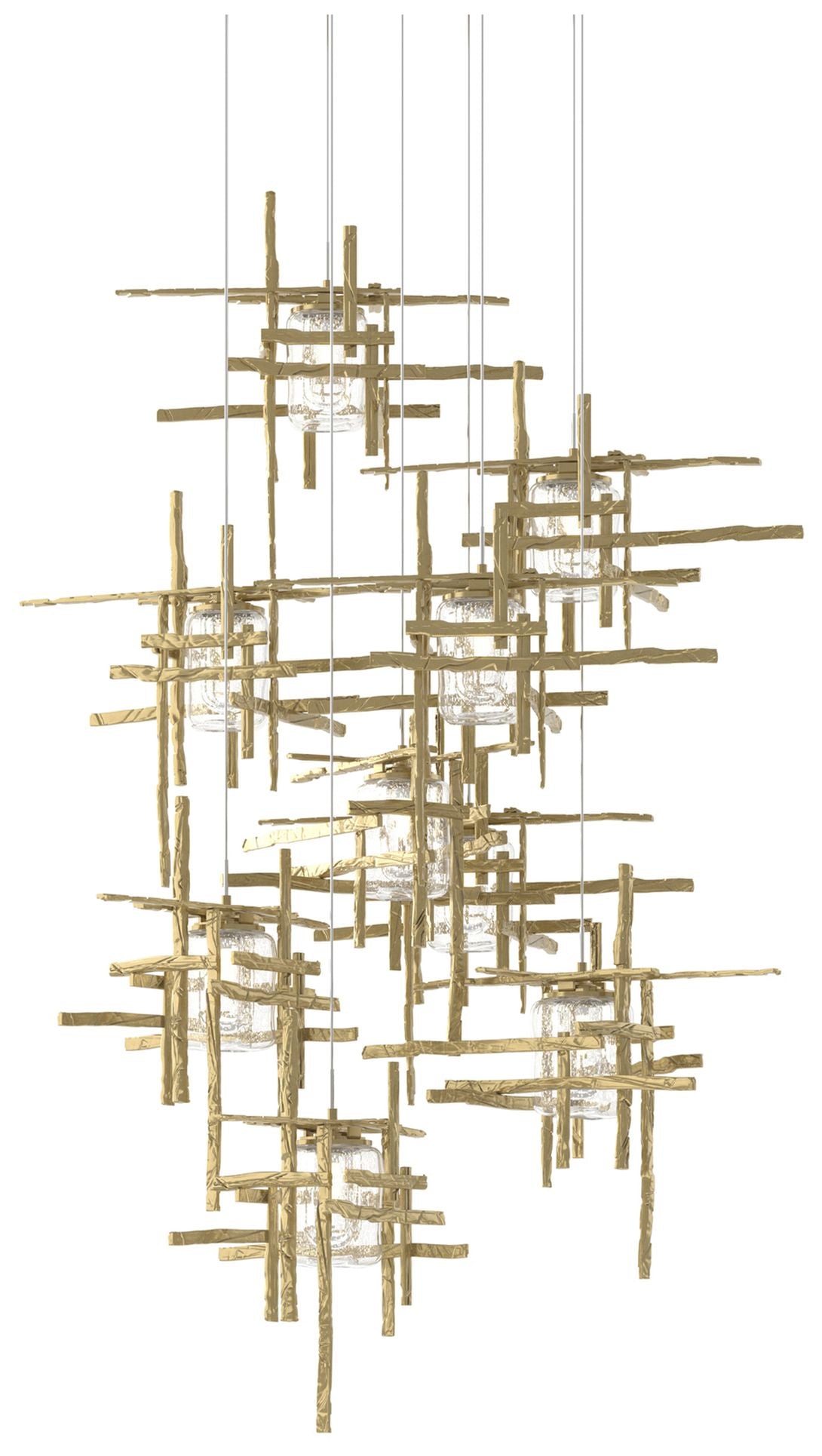 Tura 9-Light Round Brass Long Pendant with Seeded