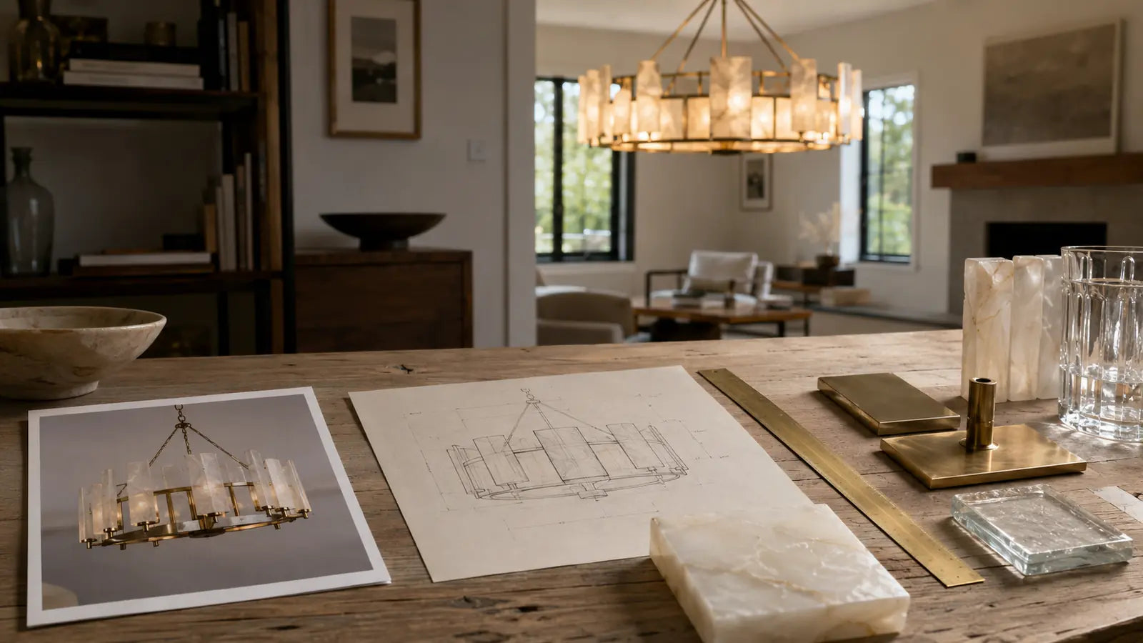 A chandelier reference, dimension sketch, and material samples on a designer's worktable