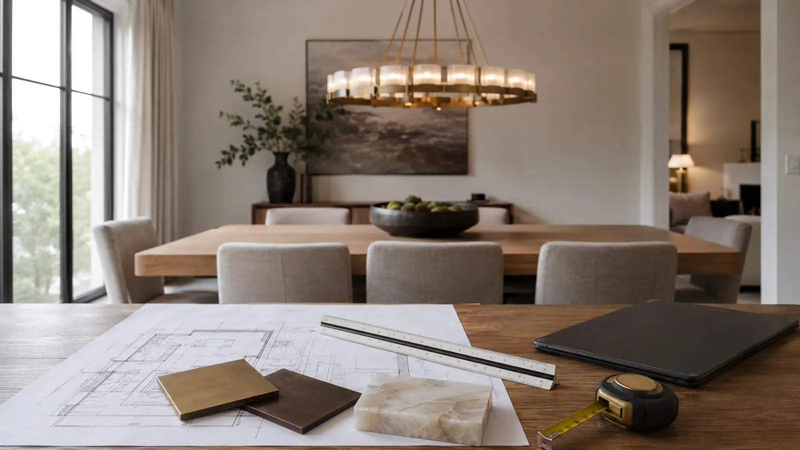 Room plans, finish samples, and measuring tools prepared for a custom chandelier quote