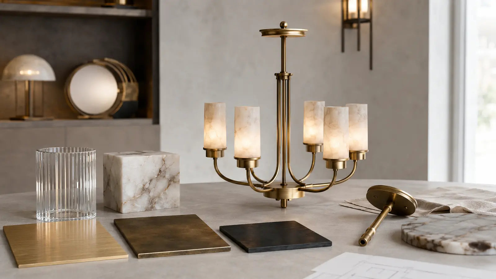 Brass, alabaster, glass, and dark metal samples arranged beside a custom chandelier