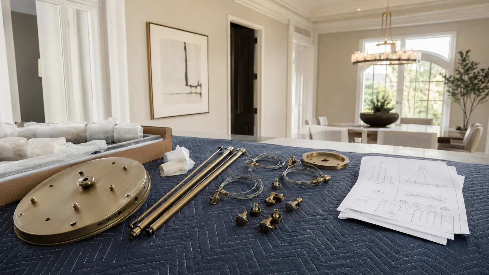 Chandelier canopy, rods, hardware, and protected decorative parts prepared for installation