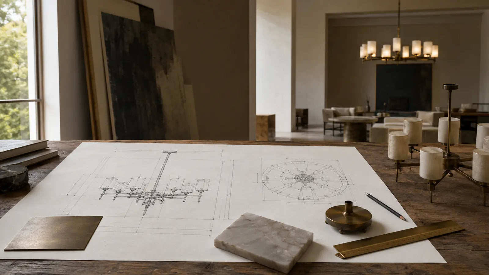 Custom chandelier elevation drawing, scale ruler, and finish samples on a worktable