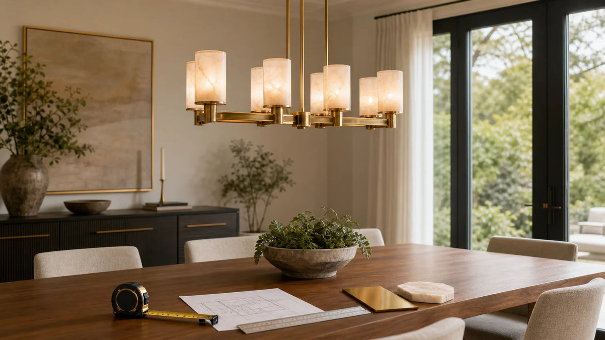 Dining table with a centered chandelier, measuring tape, room plan, and finish samples for sizing review
