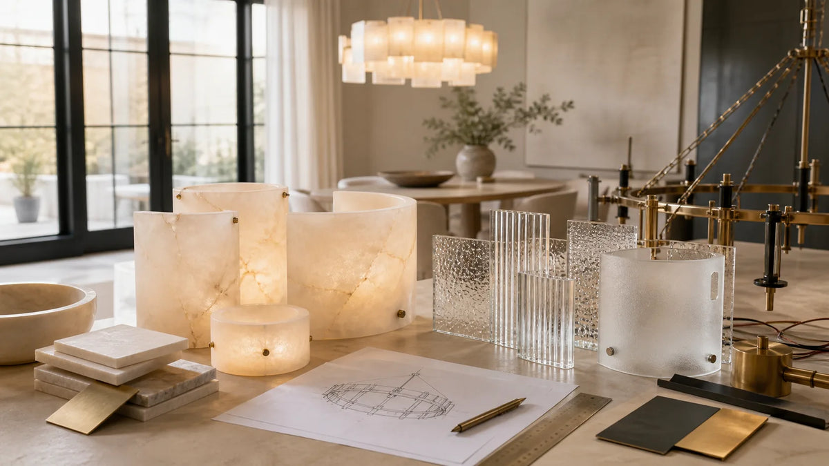 Alabaster and glass chandelier material samples with brass finishes and a custom lighting drawing