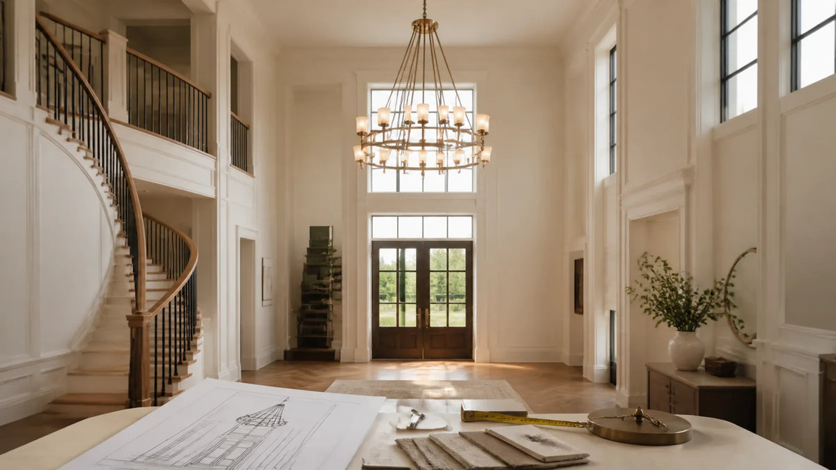 High-ceiling foyer with a custom chandelier, elevation drawing, measuring tape, and finish samples