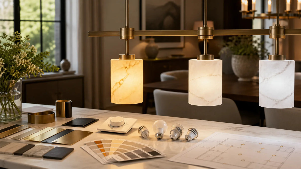 Custom chandelier light samples showing warm and neutral color temperatures with dimmer, LED bulbs, finish samples, and lighting plan