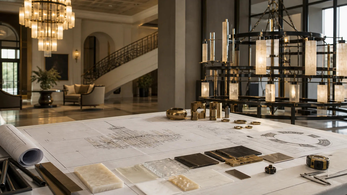 Factory-direct custom chandelier project table with drawings, material samples, hardware, and a hotel lobby fixture prototype