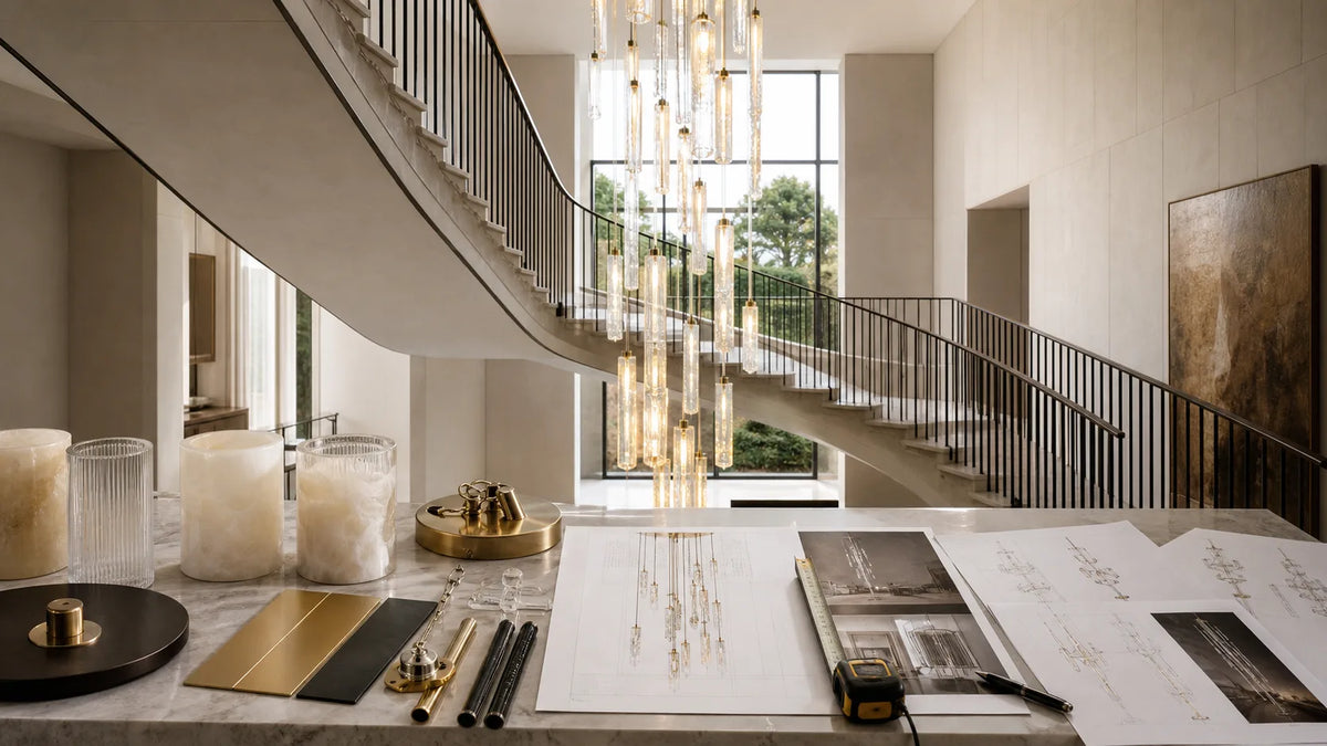 Custom staircase chandelier in a villa stairwell with drawings, material samples, canopy hardware, and measuring tools