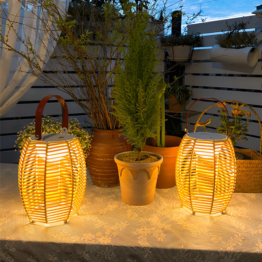 Portable Rattan Lantern Waterproof LED Solar Floor Lamp