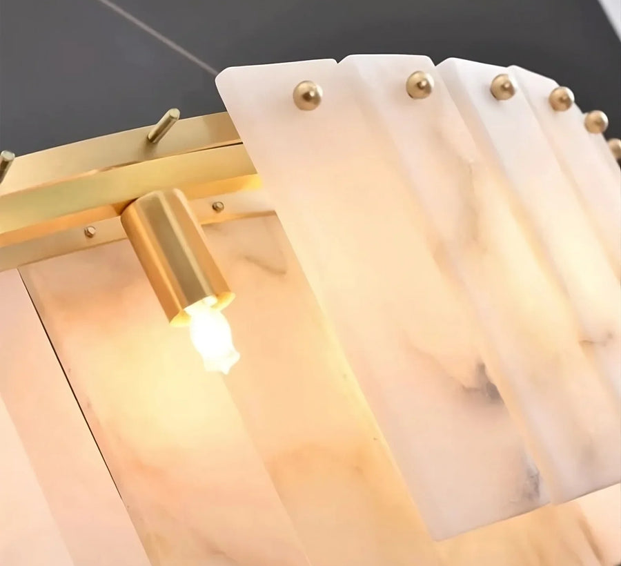 Close view of natural stone chandelier panels and translucency