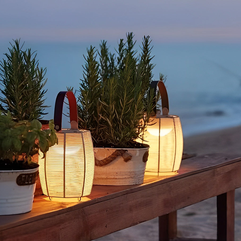 Portable Rattan Lantern Waterproof LED Solar Floor Lamp