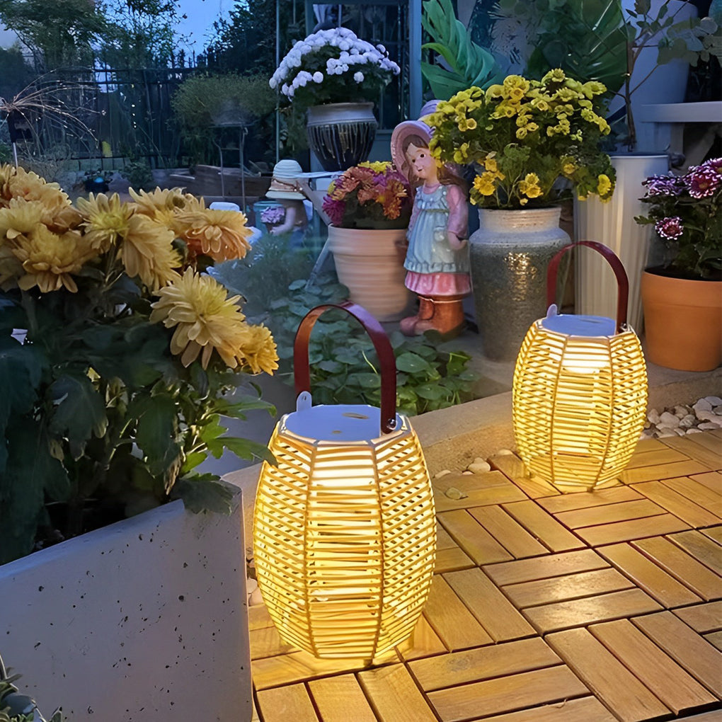 Portable Rattan Lantern Waterproof LED Solar Floor Lamp