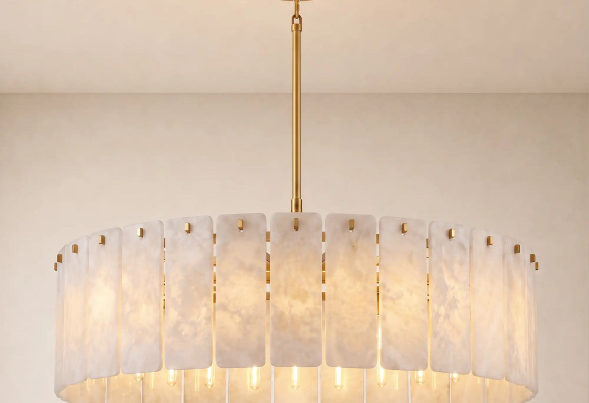 Round alabaster chandelier with a slim metal structure