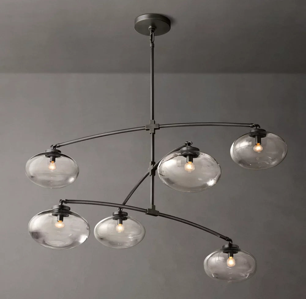 Side view of glass chandelier for scale and shape reference