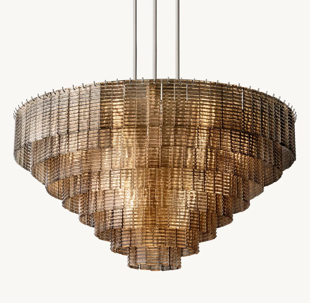 Side view of glass chandelier for scale and shape reference
